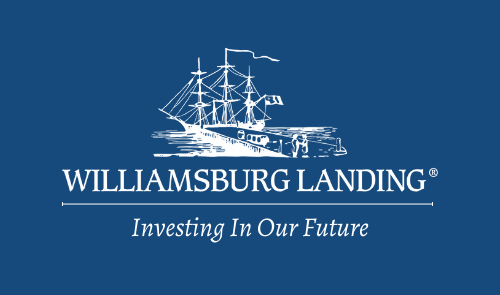 Logo for Williamsburg Landing: white sailing ship on blue background with 'WILLIAMSBURG LANDING' and the tagline 'Investing In Our Future'.